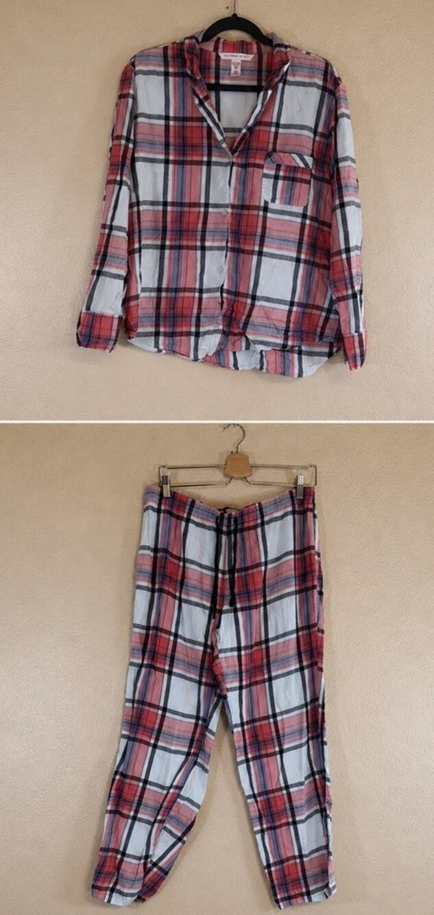 Victoria's Secret Size Large Pajama Set Plaid Button Sleepwear Cotton Modal